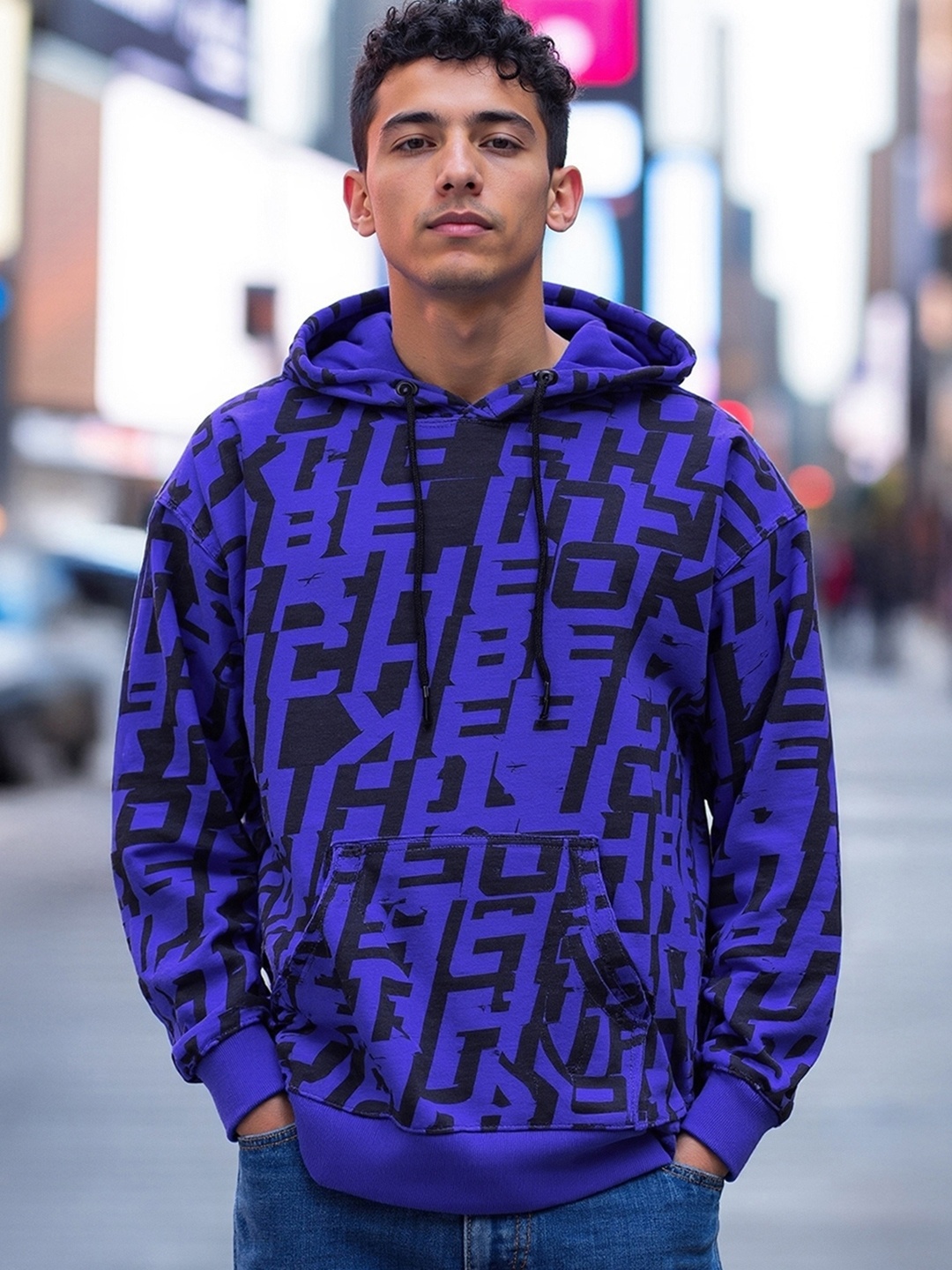 

Bewakoof Heavy Duty Printed Hooded Oversized Pullover Sweatshirt, Blue