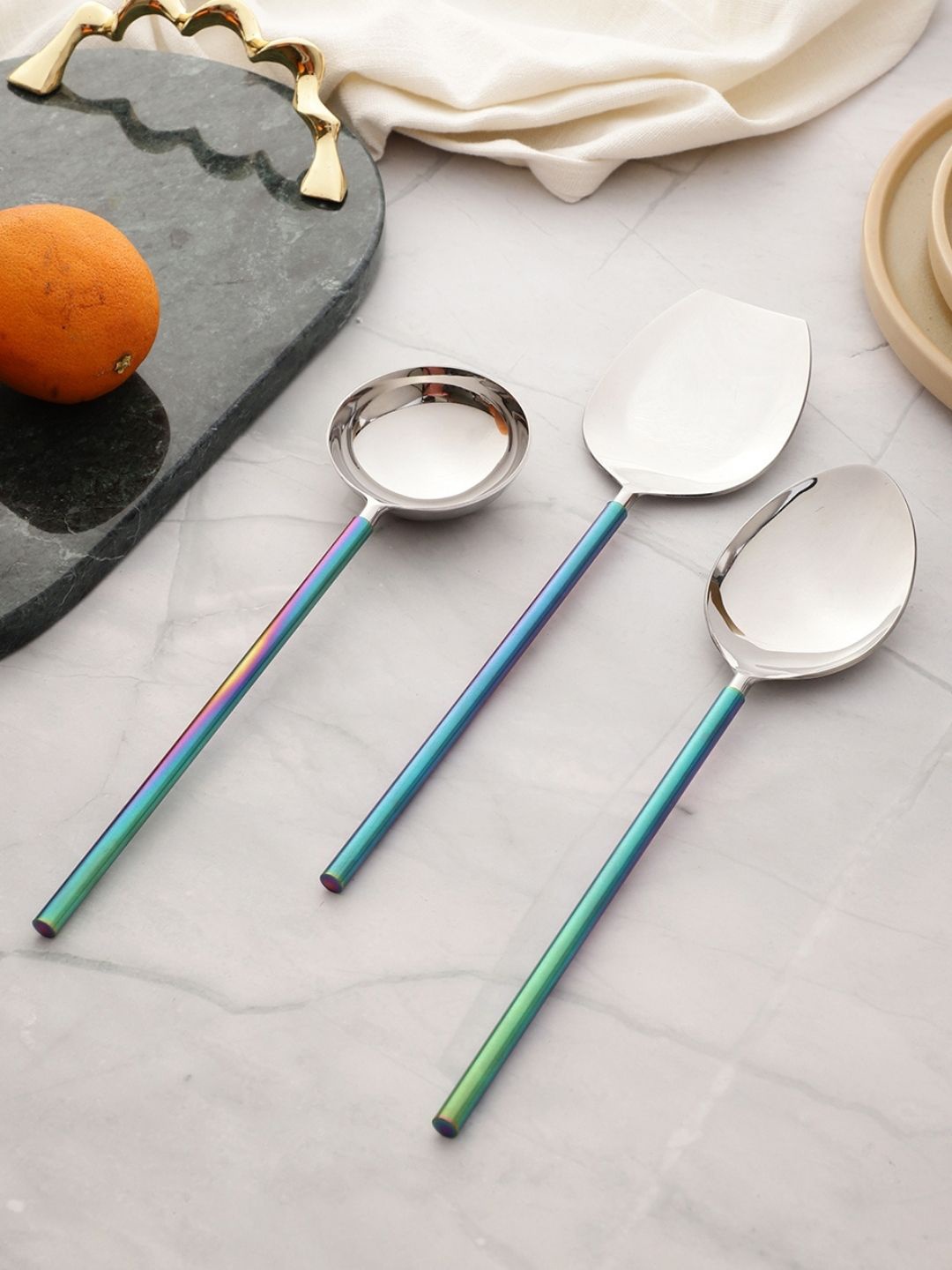 

VarEesha Silver-Toned & Blue 3 Pieces Stainless Steel Serving Spoon Set