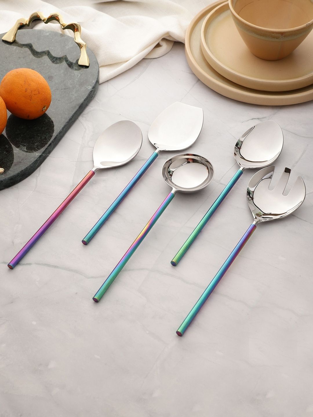 VarEesha ColorSplash Silver-Toned 5 Pieces Stainless Steel Serving Spoons