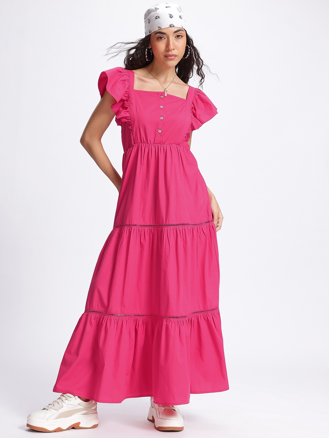 

glitchez Minimalist Muse Crochet Inserts Smocked Back Tiered Maxi Dress, Fuchsia