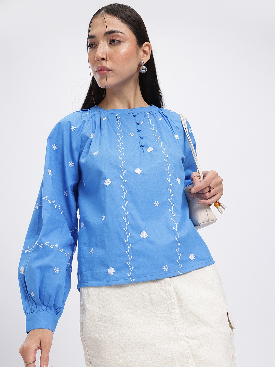 

glitchez Embroidered Embrace Mandarin Collar Top, Blue