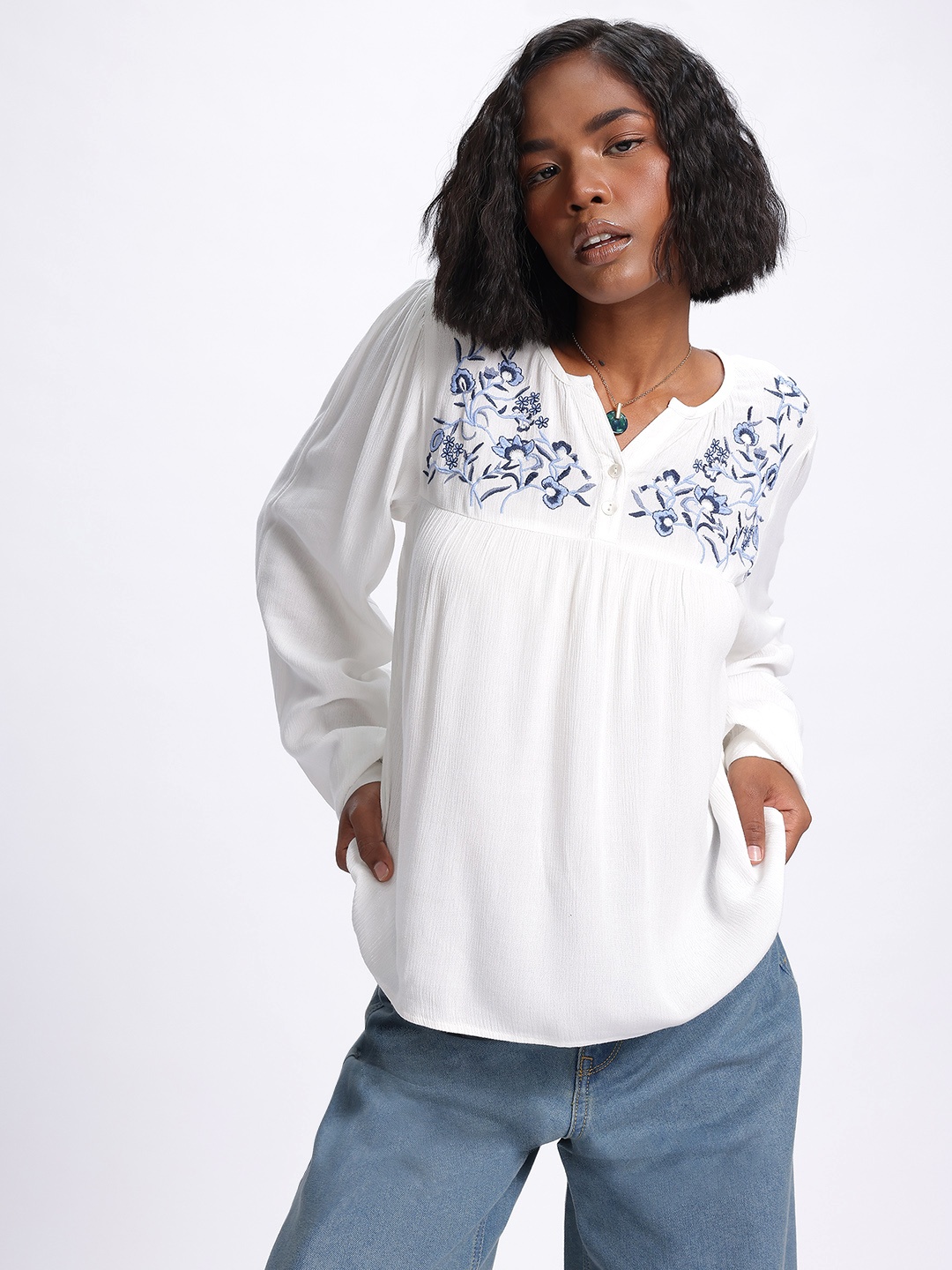 

glitchez Petal Perfection Embroidered Gathered Detail Empire Top, White