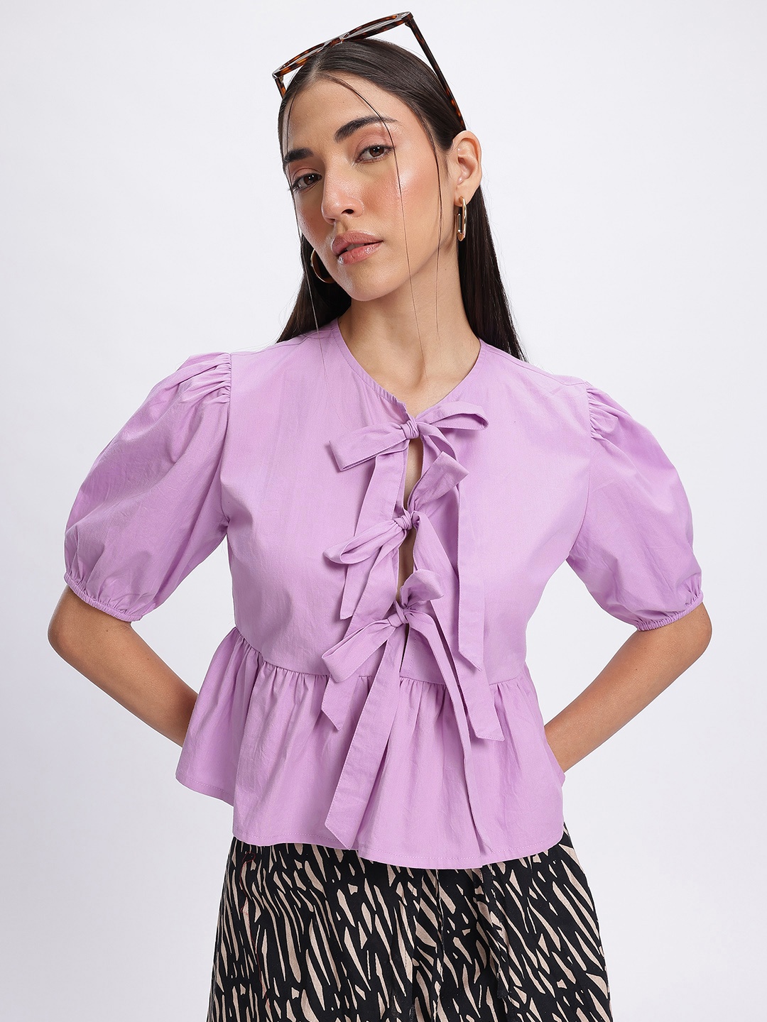 

glitchez Delicate Elegance Puff Sleeve Tie-Up A-Line Top, Lavender