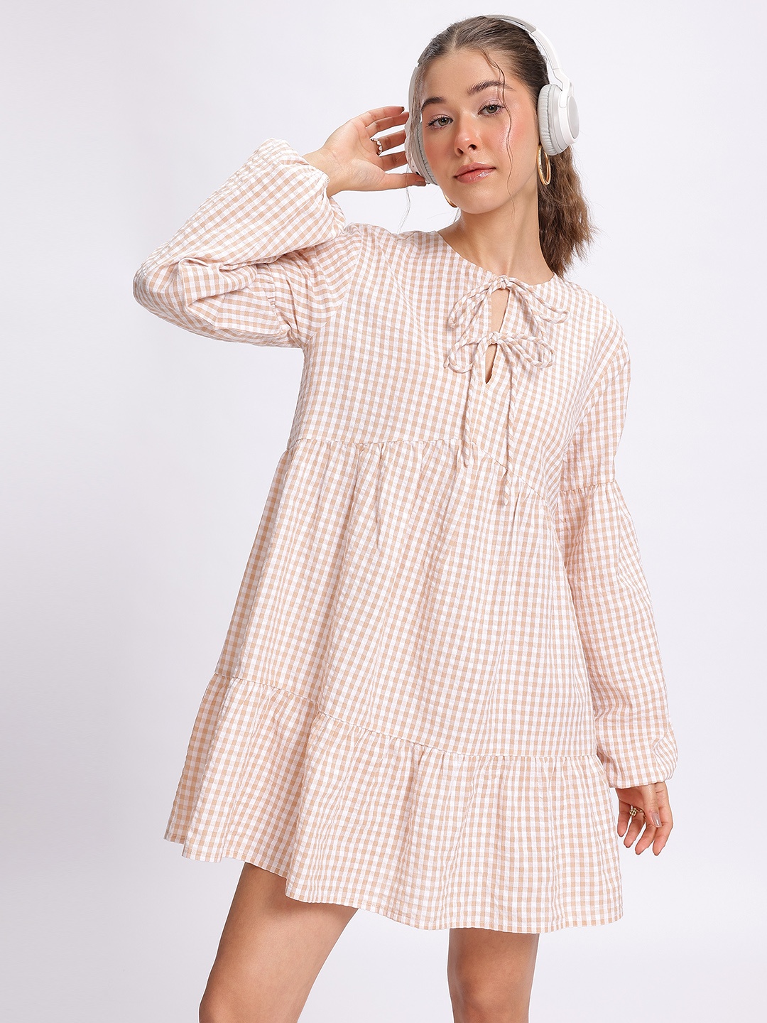 

glitchez Gingham Glam Checked Bow Tie-Up A-Line Mini Dress, Beige