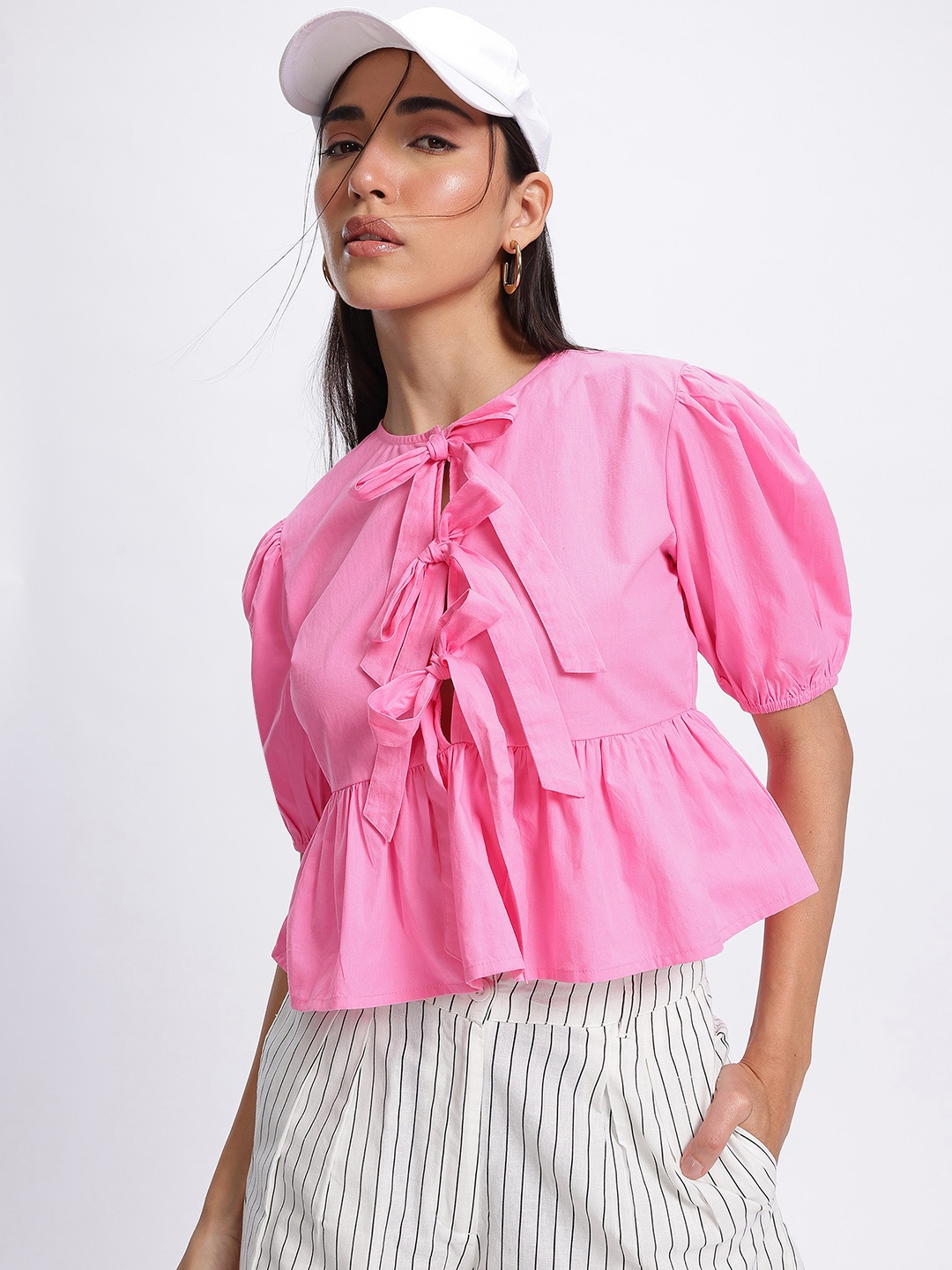 

glitchez Cutesy Bows Puff Sleeve Tie-Up A-Line Top, Pink