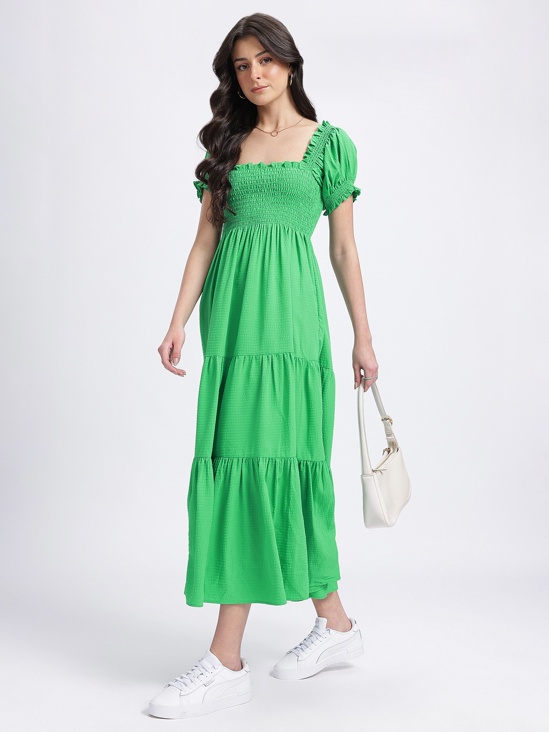 

glitchez Seersucker Smocked Tiered Maxi Dress, Green