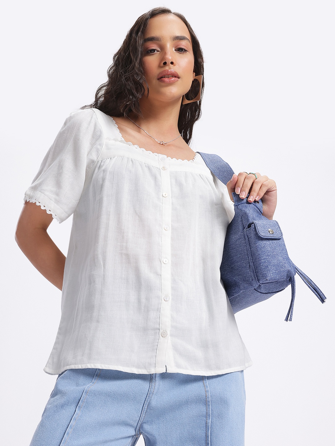 

glitchez Lacy Grace Smocked Lace Insert Shirt-Style Top, White