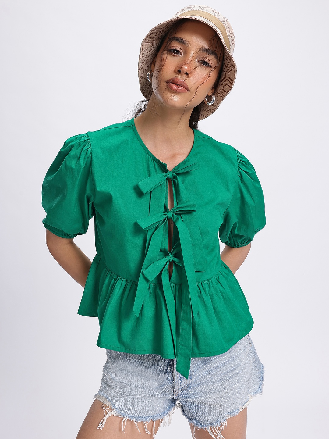 

glitchez Feminine Flair Bow Front Puff Sleeve A-Line Top, Green