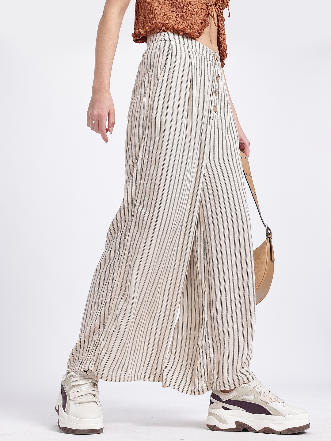 

glitchez Stripe Story Women Striped Trousers, White
