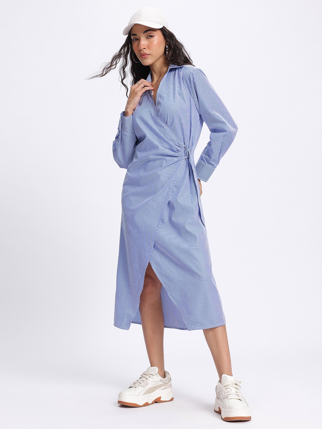 

glitchez Tied to Trend Striped Shirt Style Midi Wrap Dress, Blue