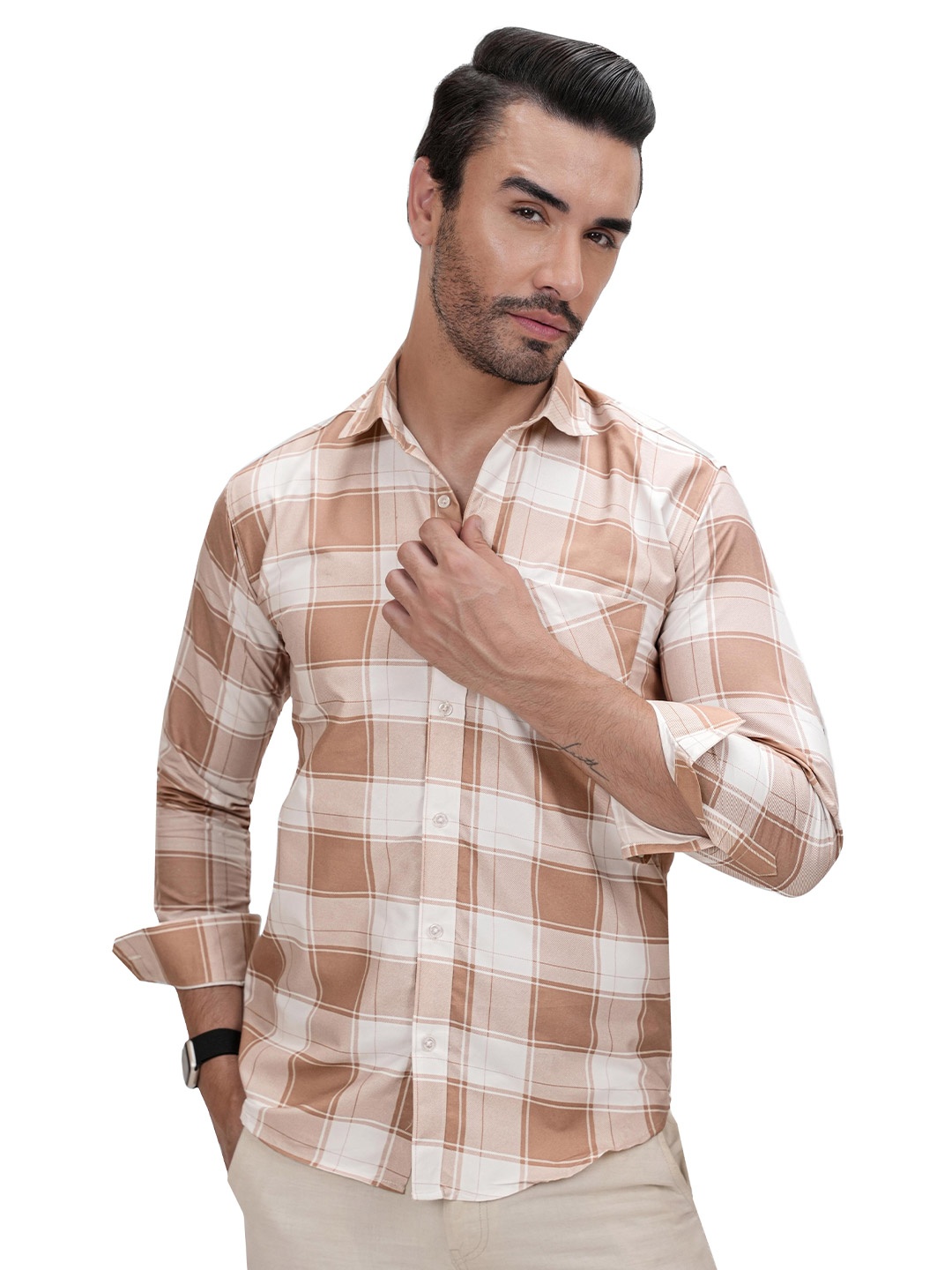 DIOGO LOUIS Men Comfort Sheer Checked Formal Shirt, Beige