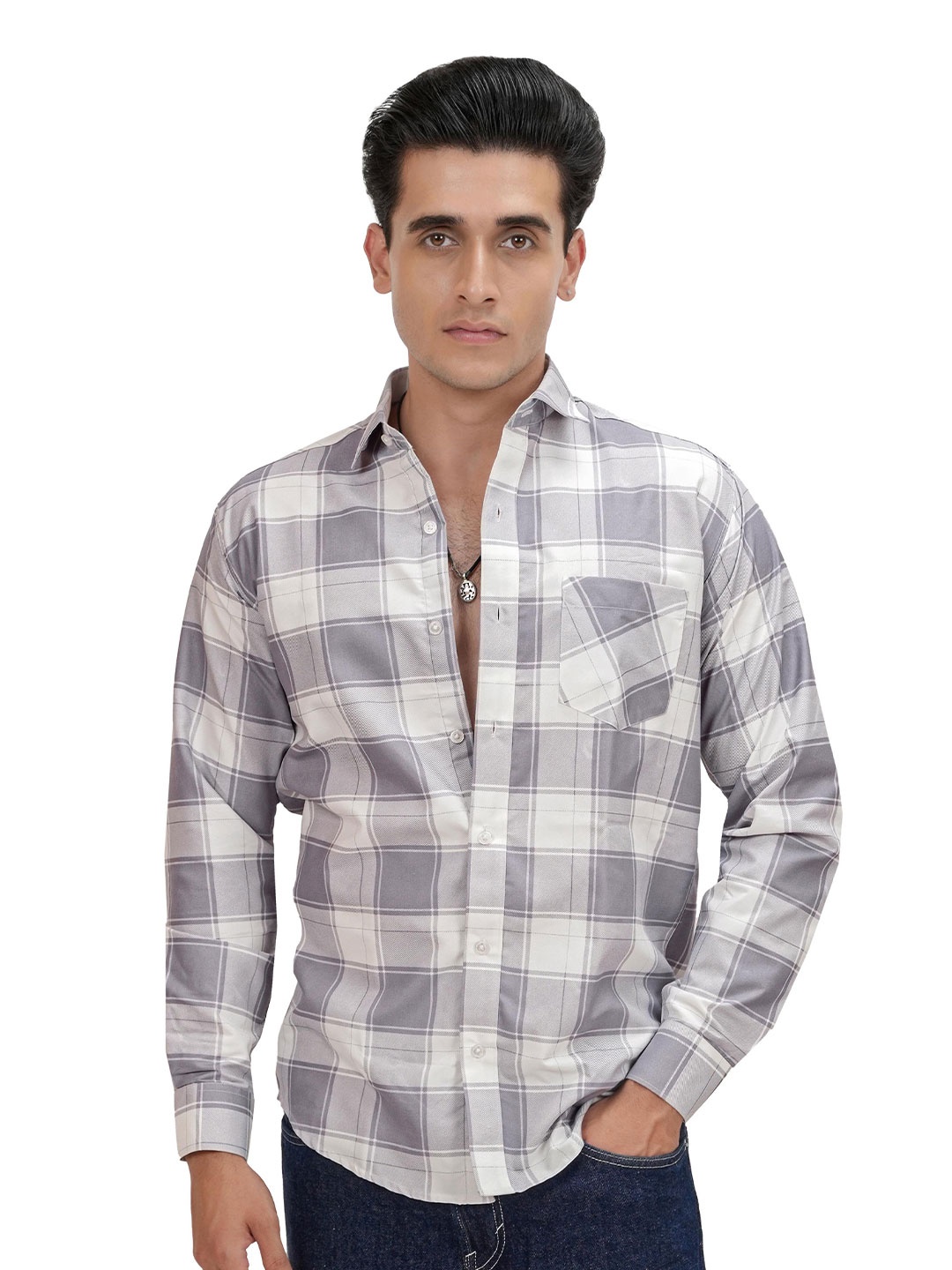 

DIOGO LOUIS Square Check Cotton Blend Formal Shirt for Men Grey Color