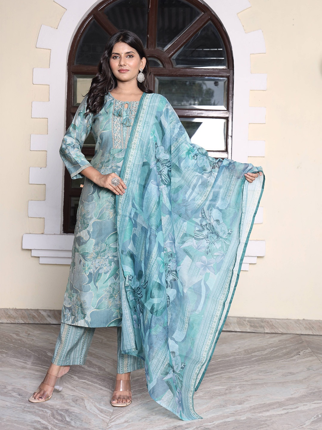 Chandbaali Floral Printed Thread Work Pure Cotton Straight Kurta With Salwar & Dupatta, Green
