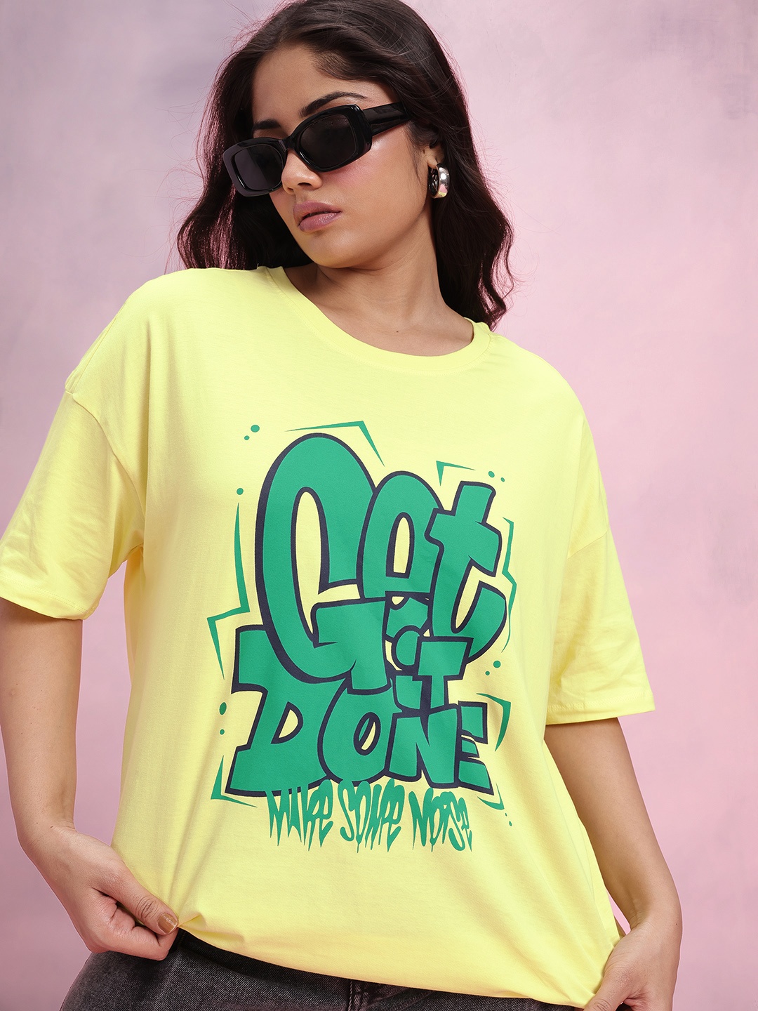 

DressBerry Curve Printed Drop-Shoulder Sleeves Pure Cotton T-shirt, Yellow