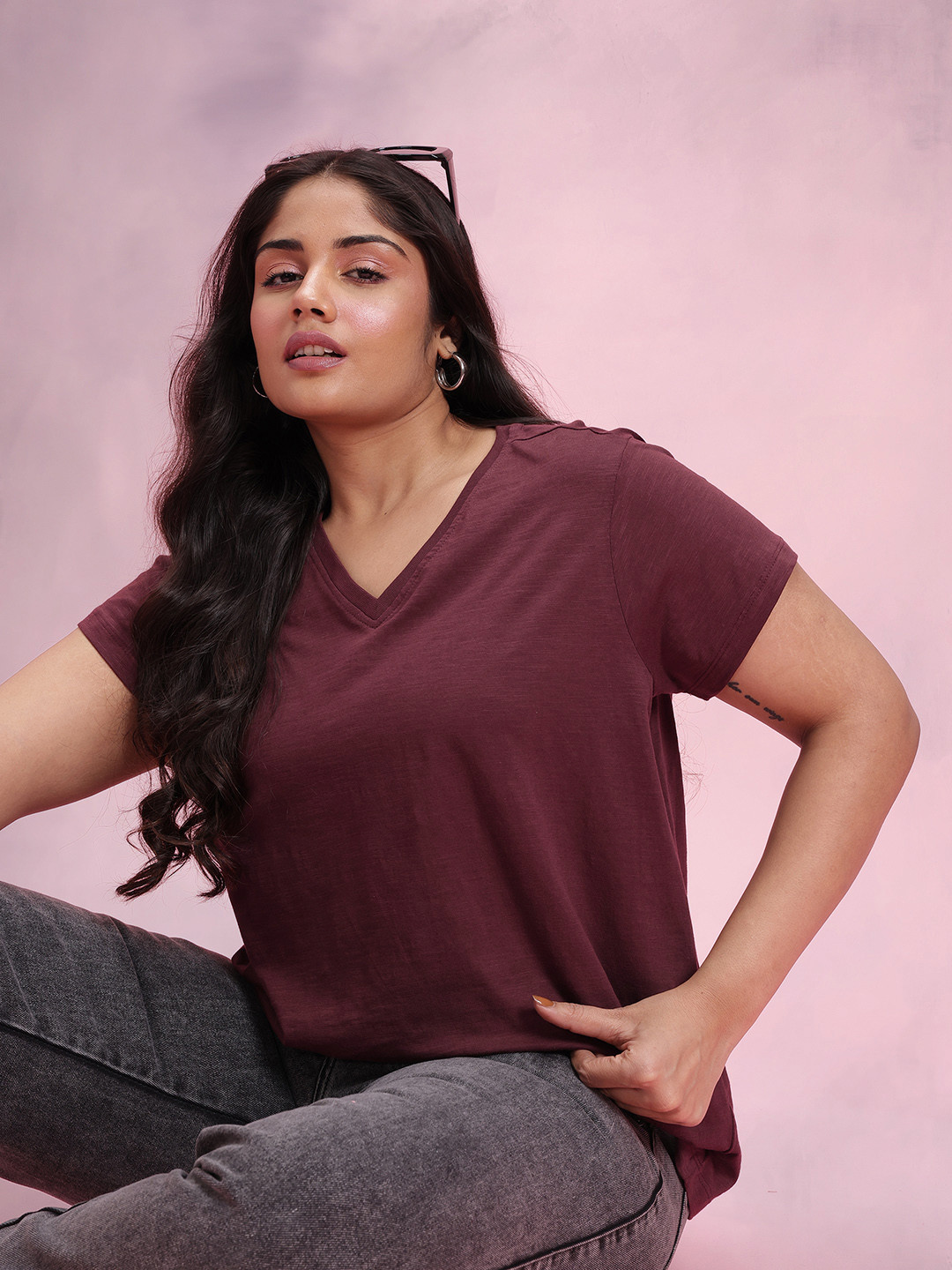 

DressBerry Curve Plus Size V-Neck Pure Cotton T-shirt, Brown