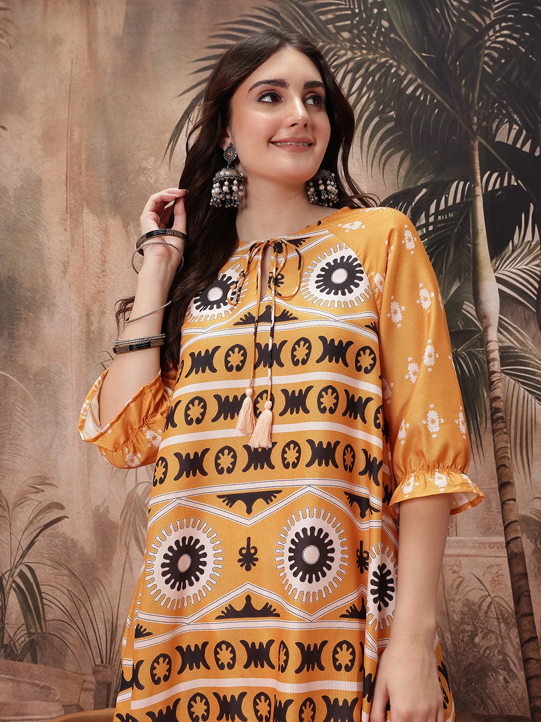 

Sangria Printed Tie-Up Neck Kurta with Salwar, Mustard