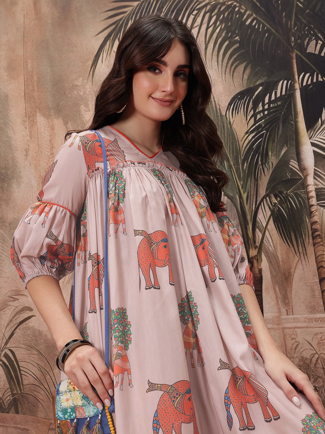 

Sangria Elephant Print A-Line Ethnic Dress, Beige