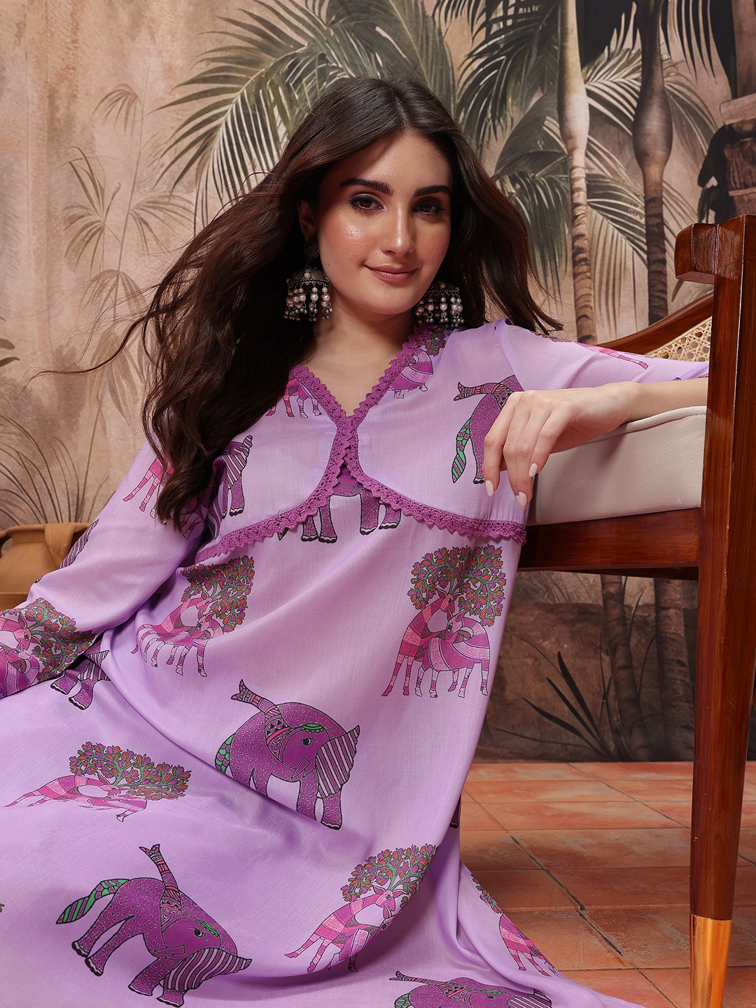 

Sangria Printed Crochet Detail Layered Kurta with Palazzos, Purple