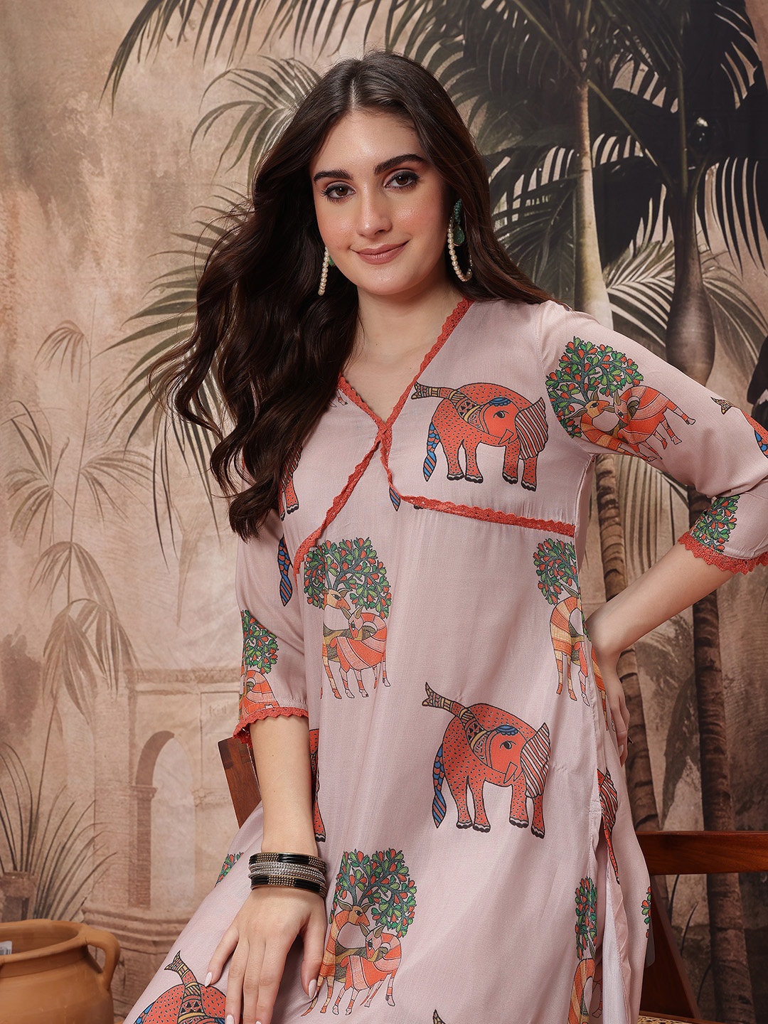 

Sangria Printed Crochet Detail Layered Kurta with Palazzos, Taupe