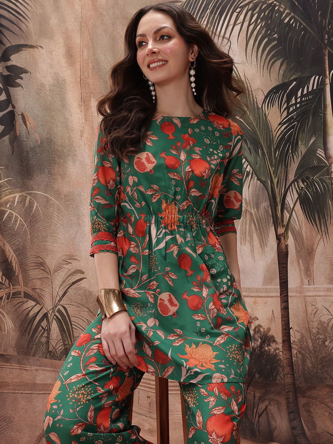 

Sangria Floral Print Lace Detailed Cinched Waist Tunic & Palazzos, Green