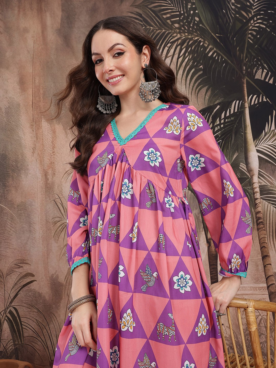 

Sangria Indie Prints Lace Detail Empire Style Ethnic Dress, Pink