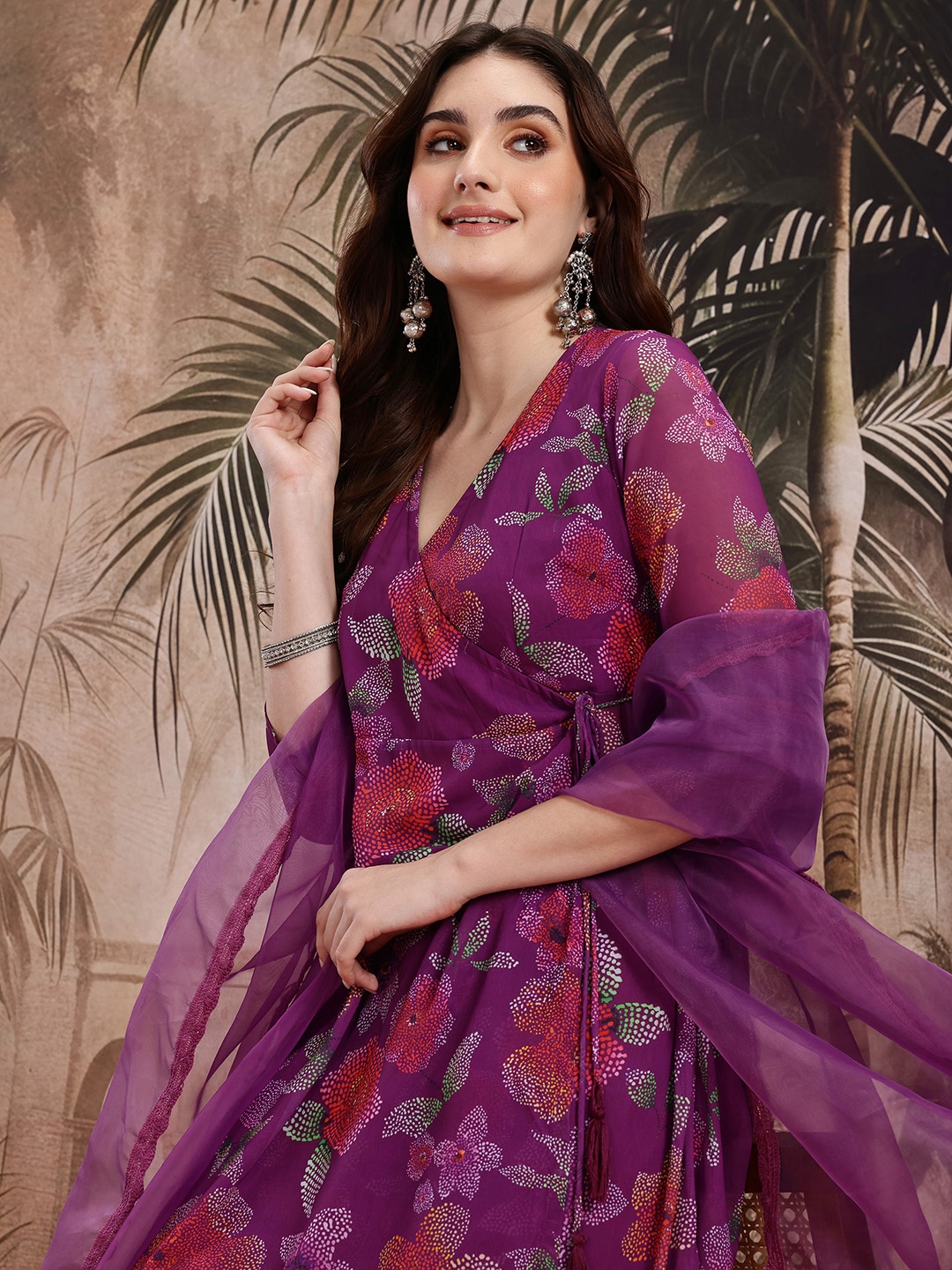 

Sangria Floral Print Angrakha Kurta with Trousers & Dupatta, Purple