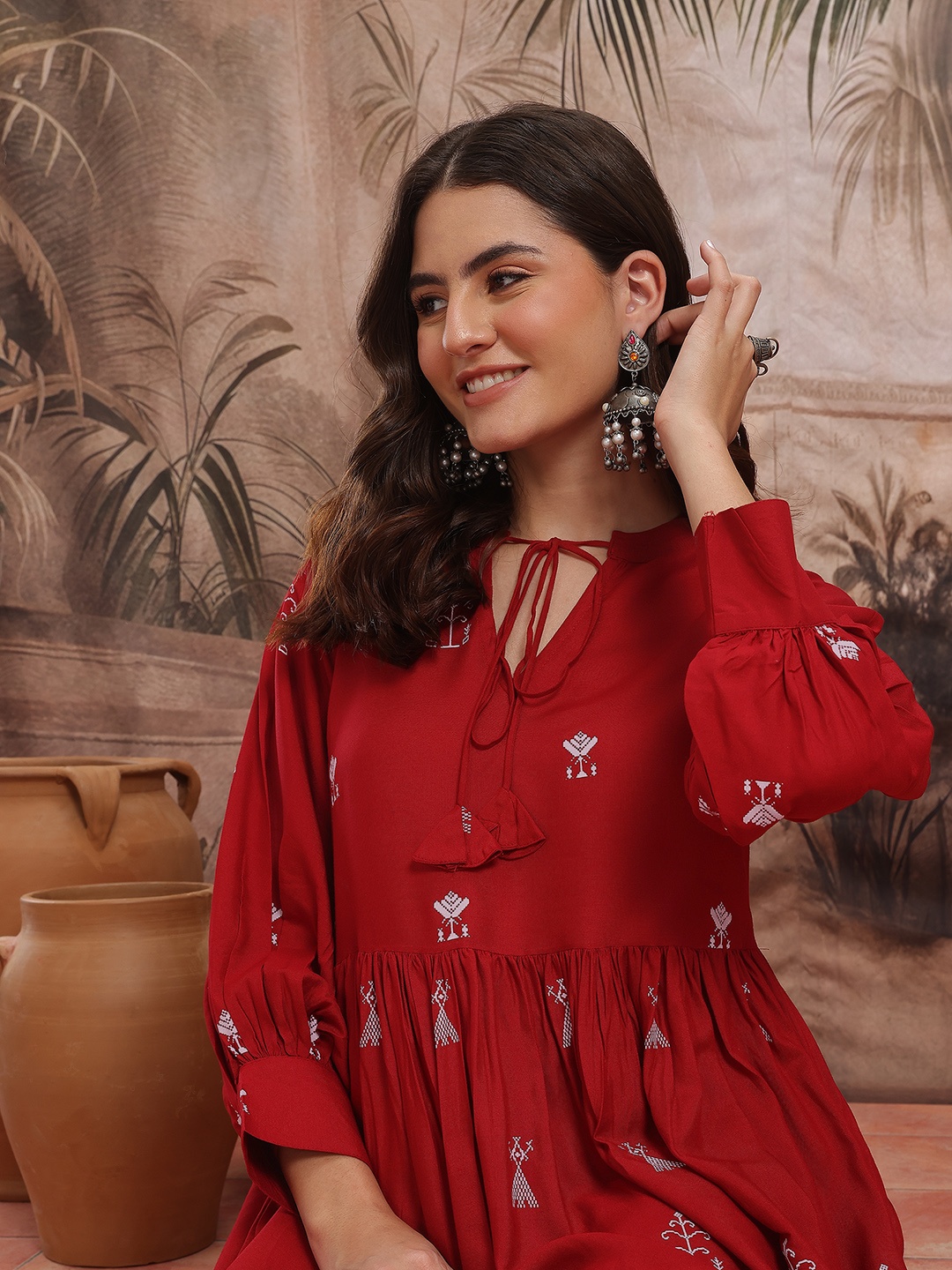 

Sangria Printed Pleated Tie-Up Neck Midi Fit & Flare Dress, Maroon