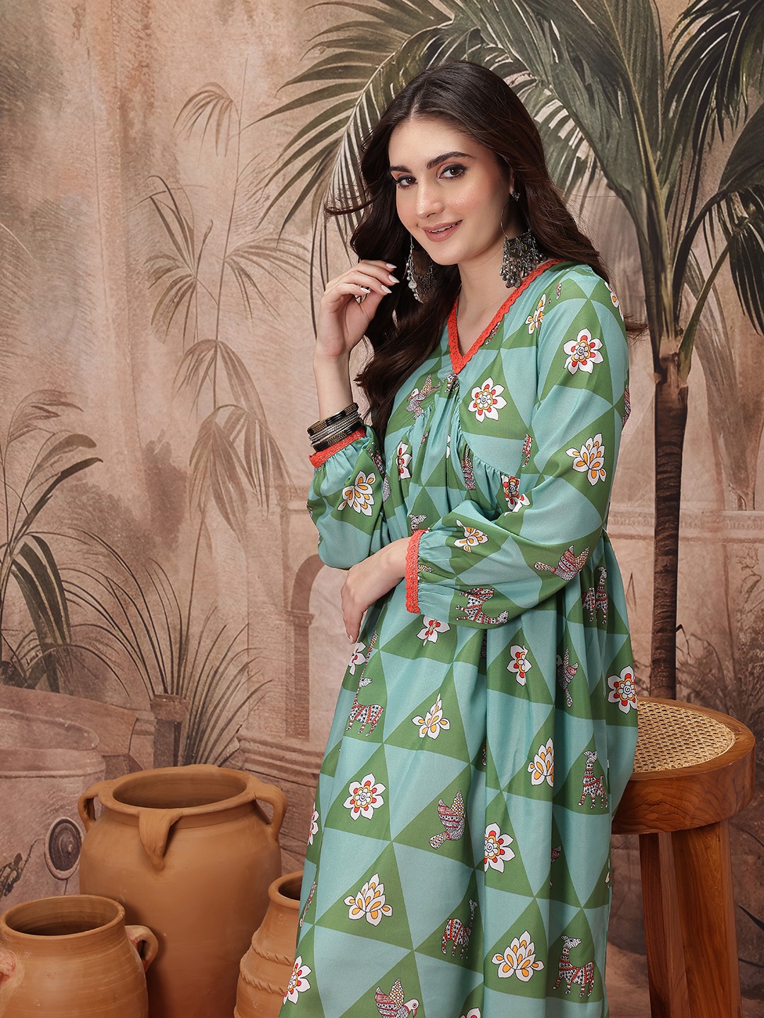 

Sangria Floral Printed Ethnic Dress, Green