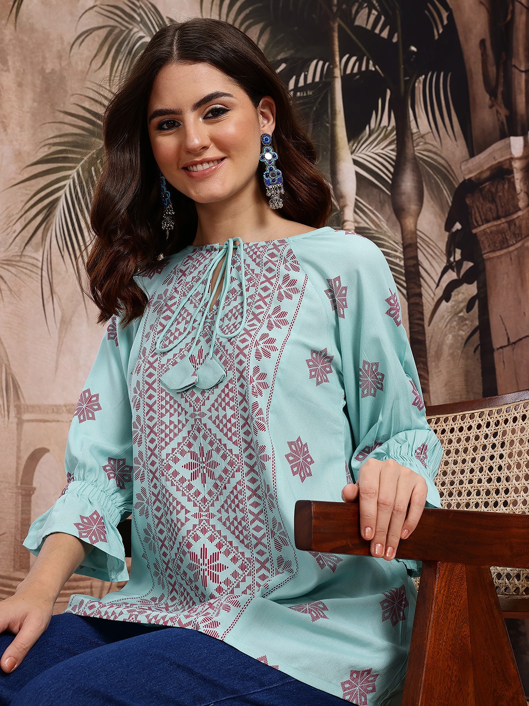 

Sangria Print Tie-Up Neck Bell Sleeve Ethnic Top, Blue