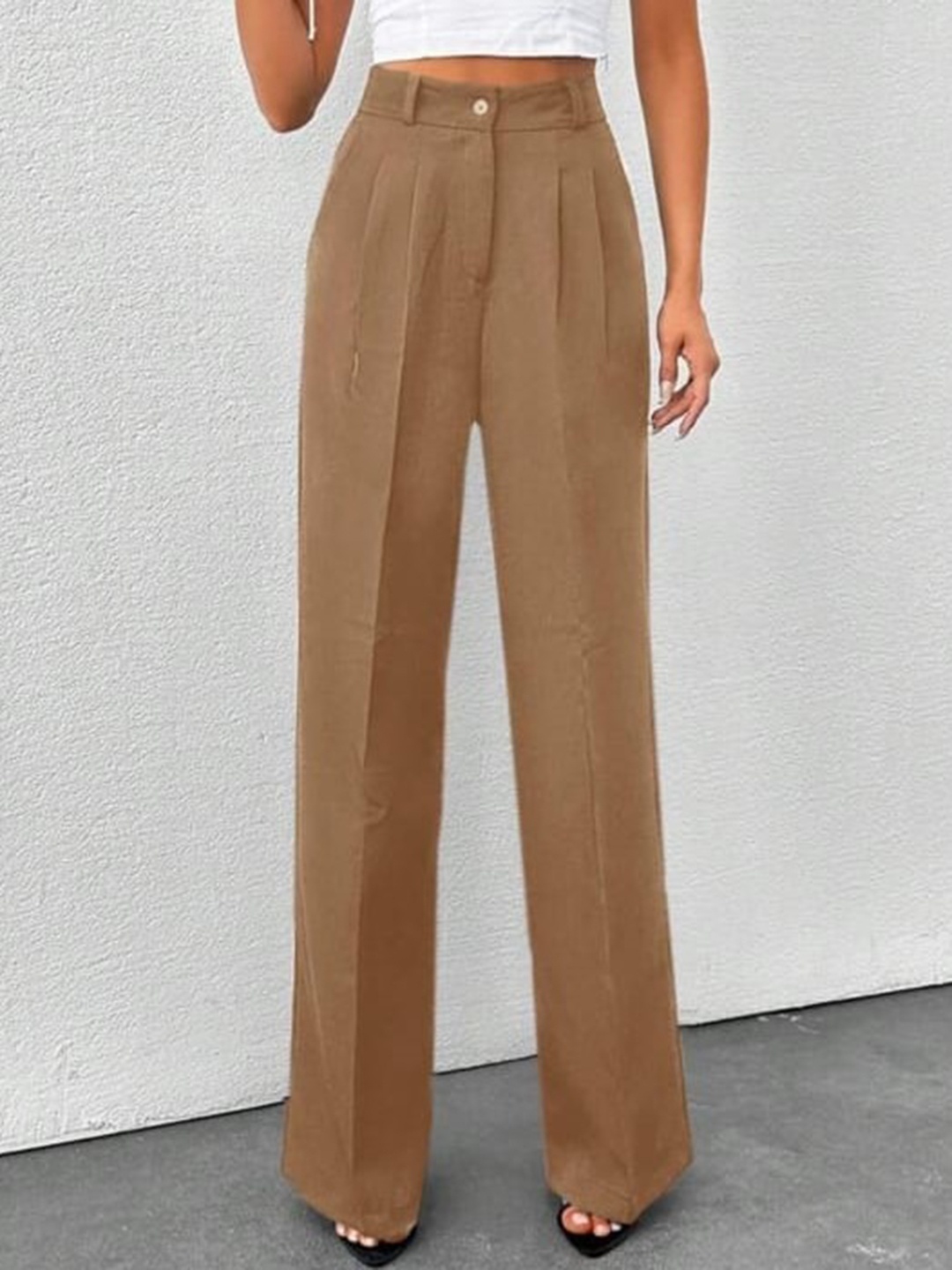 

Next One Women Smart High-Rise Easy Wash Pleated Trousers Korean Pants, Brown