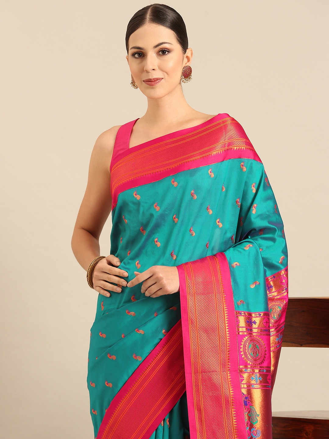 

Varkala Silk Sarees Ethnic Motifs Zari Paithani Saree, Teal