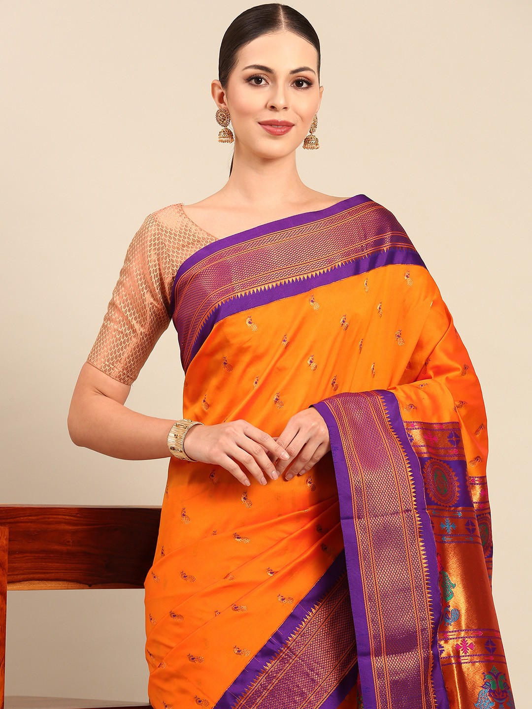 

Varkala Silk Sarees Ethnic Motifs Zari Silk Blend Designer Paithani Saree, Orange