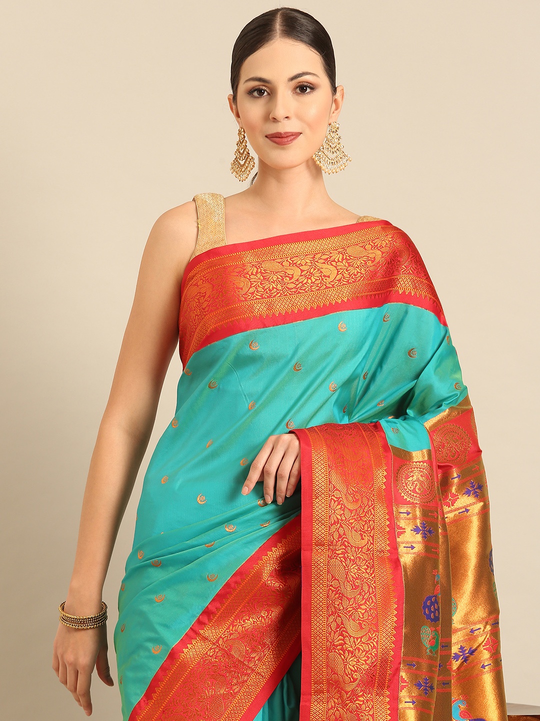 

Varkala Silk Sarees Ethnic Motifs Zari Paithani Saree, Turquoise blue