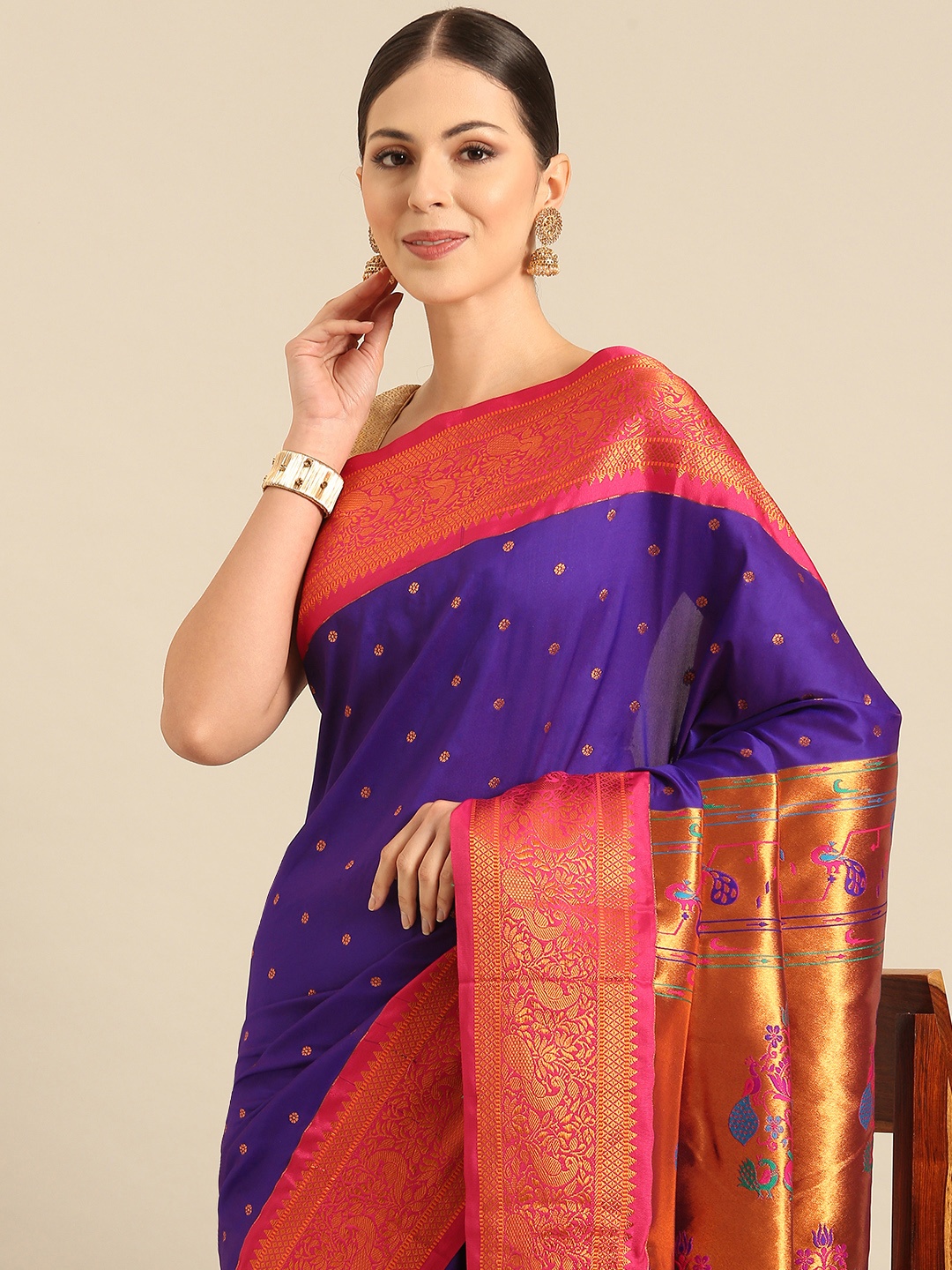 

Varkala Silk Sarees Ethnic Motifs Zari Paithani Saree, Violet