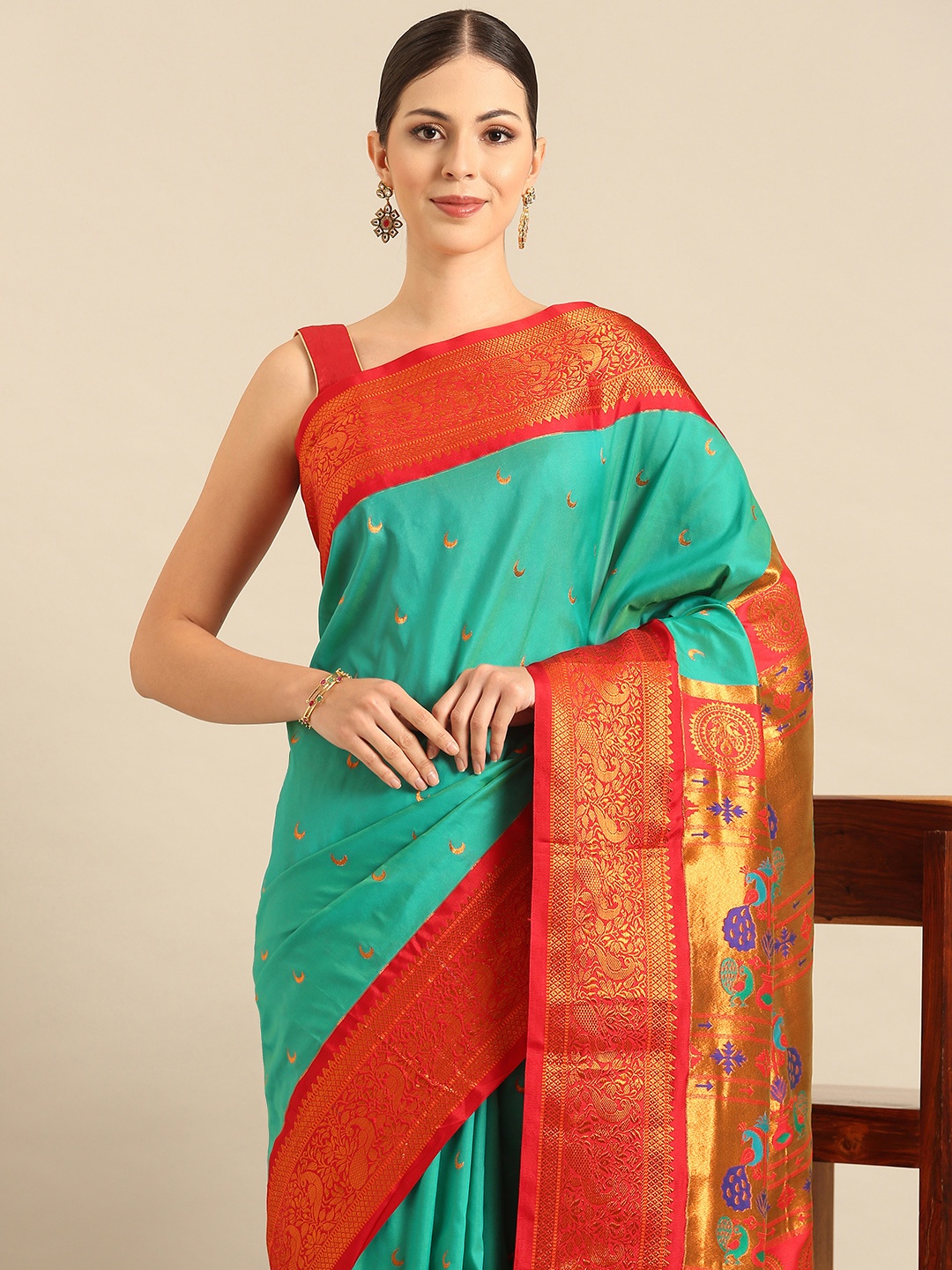 

Varkala Silk Sarees Ethnic Motifs Zari Paithani Saree, Turquoise blue