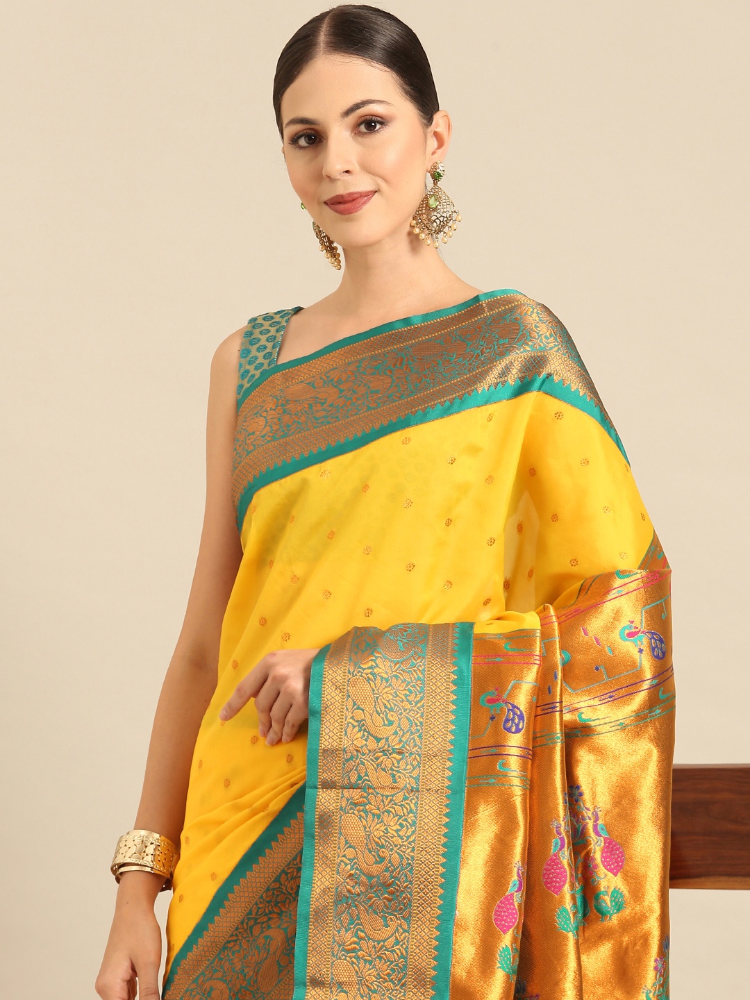 

Varkala Silk Sarees Ethnic Motifs Zari Paithani Saree, Yellow