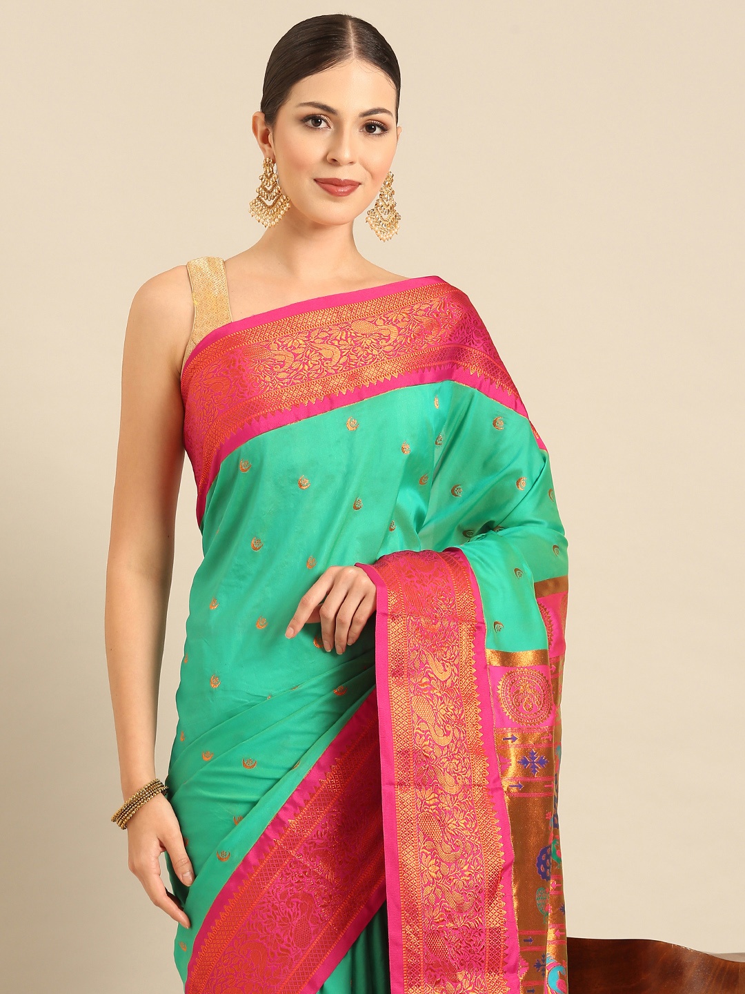 

Varkala Silk Sarees Ethnic Motifs Zari Paithani Saree, Sea green
