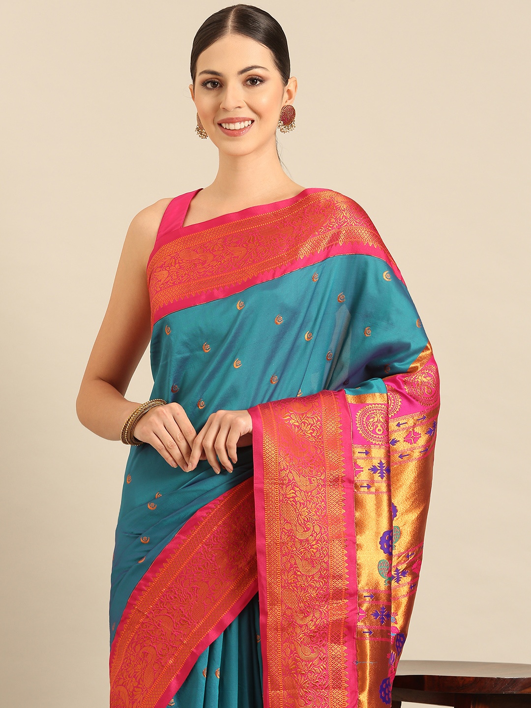 

Varkala Silk Sarees Ethnic Motifs Zari Paithani Saree, Teal