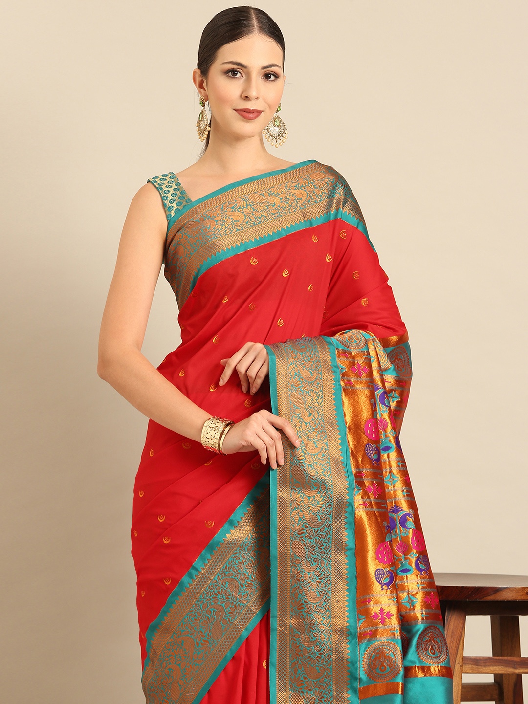 

Varkala Silk Sarees Ethnic Motifs Zari Paithani Saree, Red