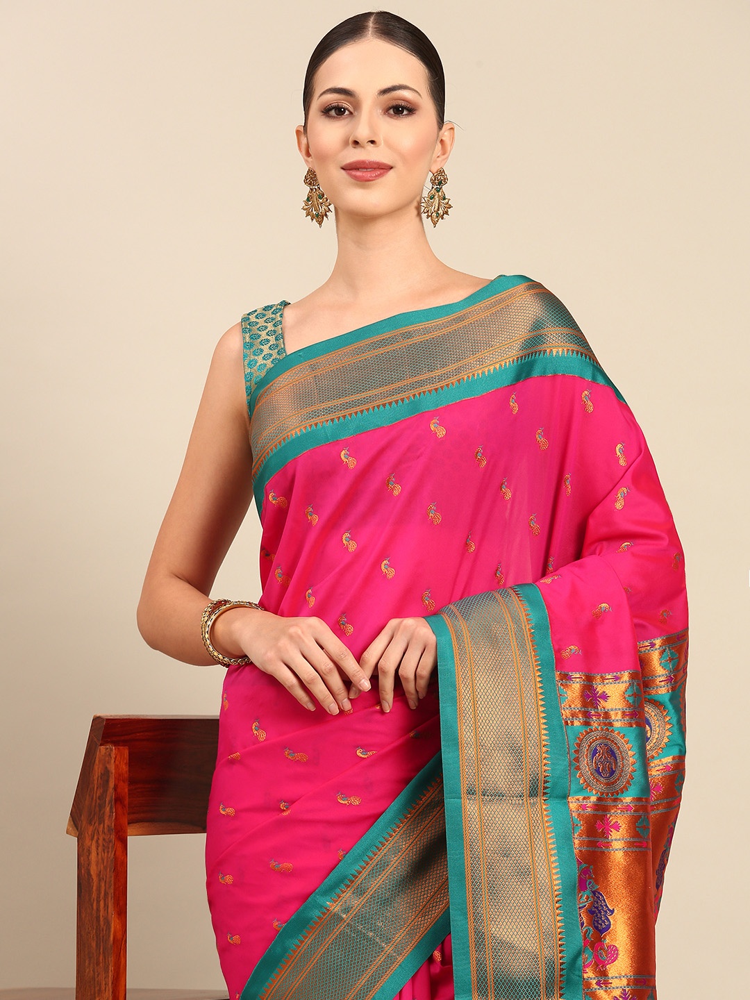 

Varkala Silk Sarees Ethnic Motifs Zari Silk Blend Designer Paithani Saree, Pink