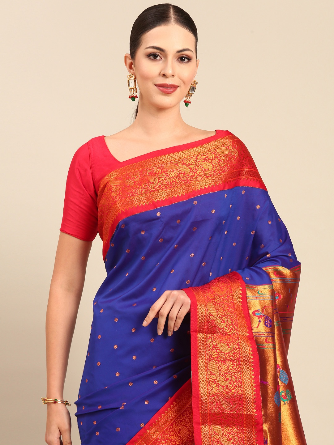 

Varkala Silk Sarees Ethnic Motifs Zari Silk Blend Designer Paithani Saree, Blue