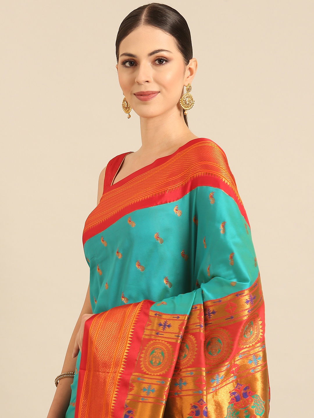 

Varkala Silk Sarees Ethnic Motifs Zari Paithani Saree, Turquoise blue