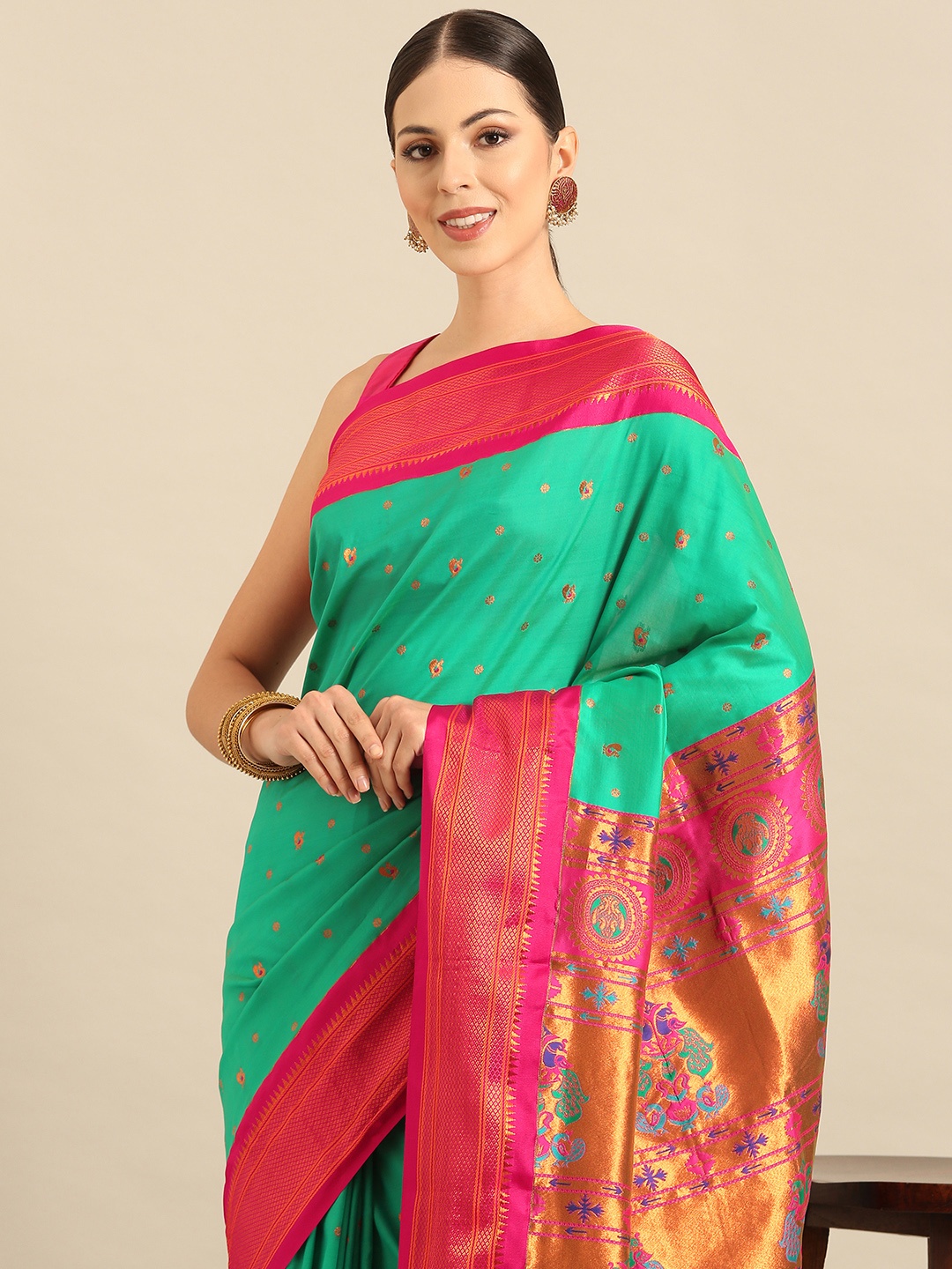 

Varkala Silk Sarees Ethnic Motifs Zari Paithani Saree, Sea green