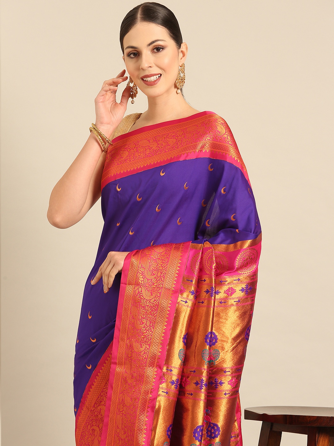 

Varkala Silk Sarees Ethnic Motifs Zari Paithani Saree, Violet