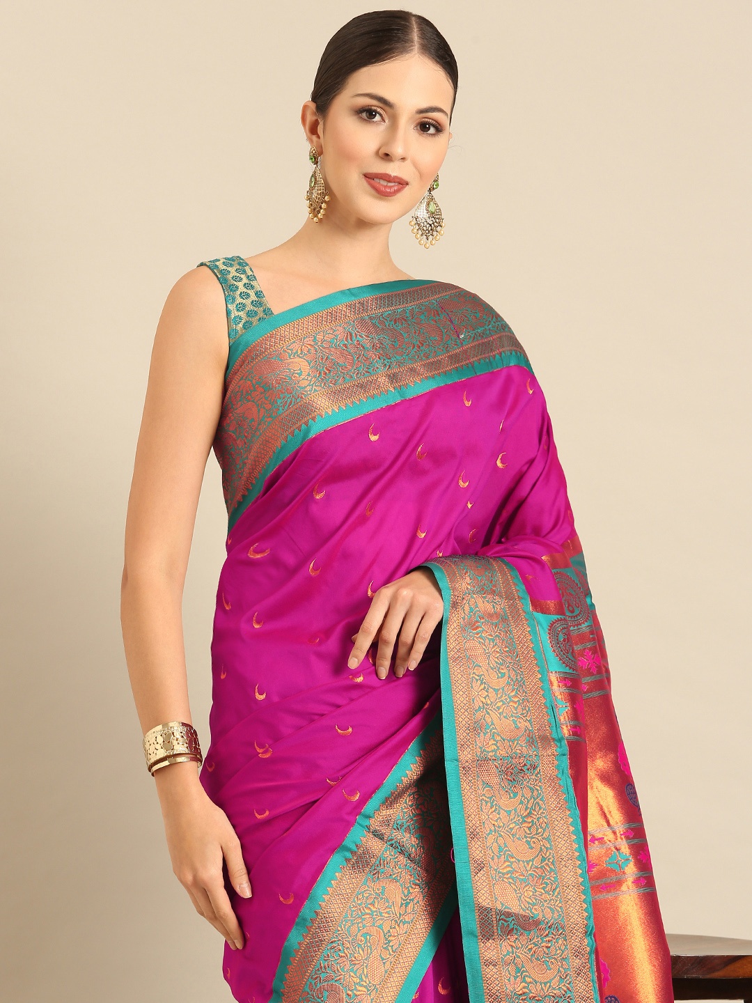 

Varkala Silk Sarees Ethnic Motifs Zari Paithani Saree, Magenta