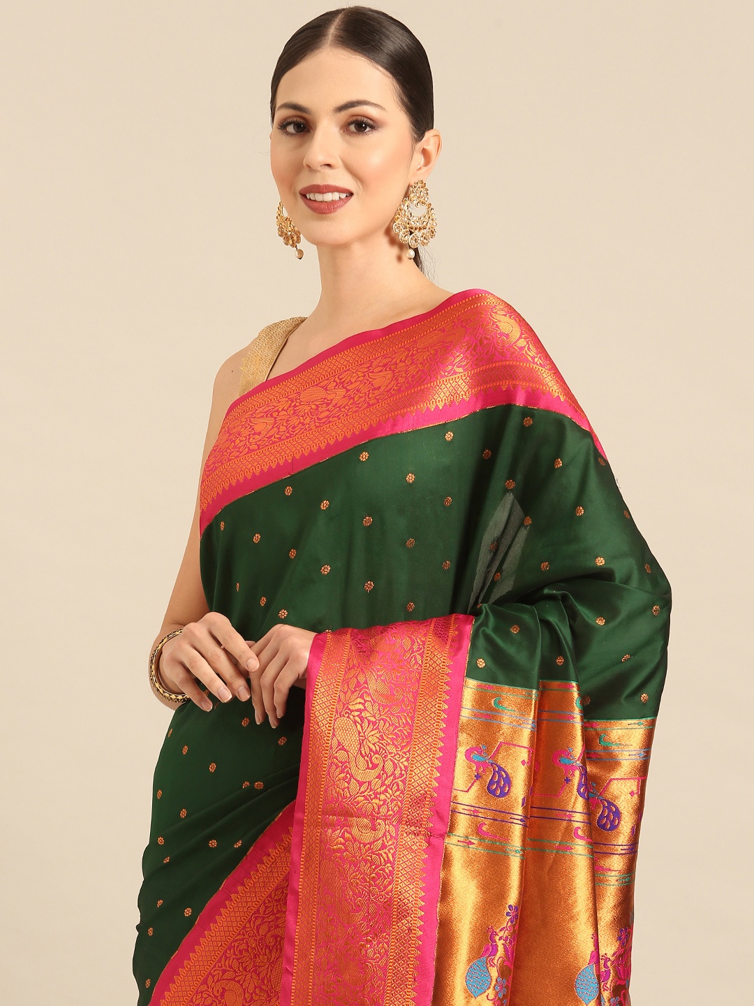 

Varkala Silk Sarees Ethnic Motifs Zari Paithani Saree, Green