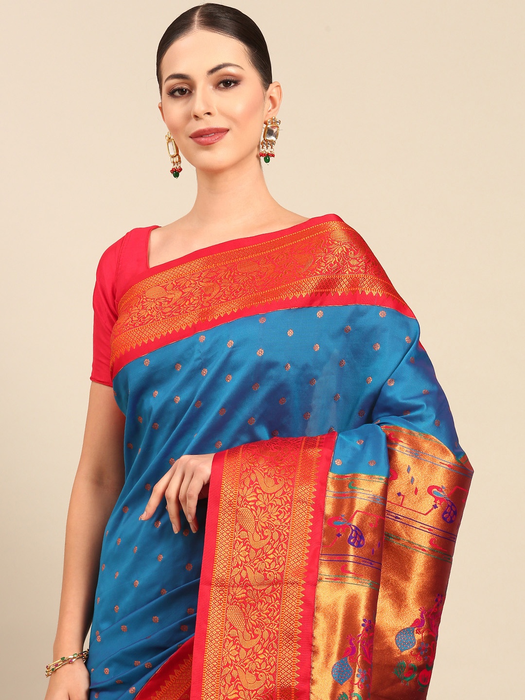 

Varkala Silk Sarees Ethnic Motifs Zari Silk Blend Designer Paithani Saree, Blue