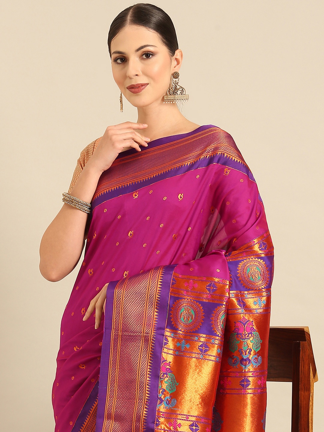 

Varkala Silk Sarees Ethnic Motifs Zari Paithani Saree, Magenta