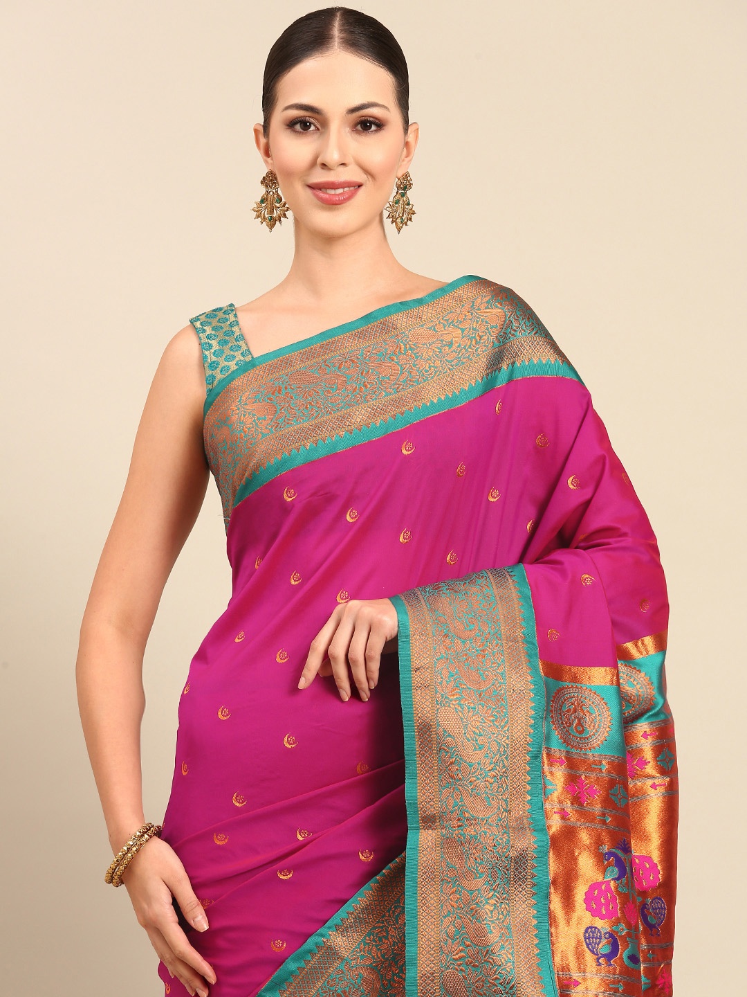 

Varkala Silk Sarees Ethnic Motifs Zari Silk Blend Designer Paithani Saree, Magenta