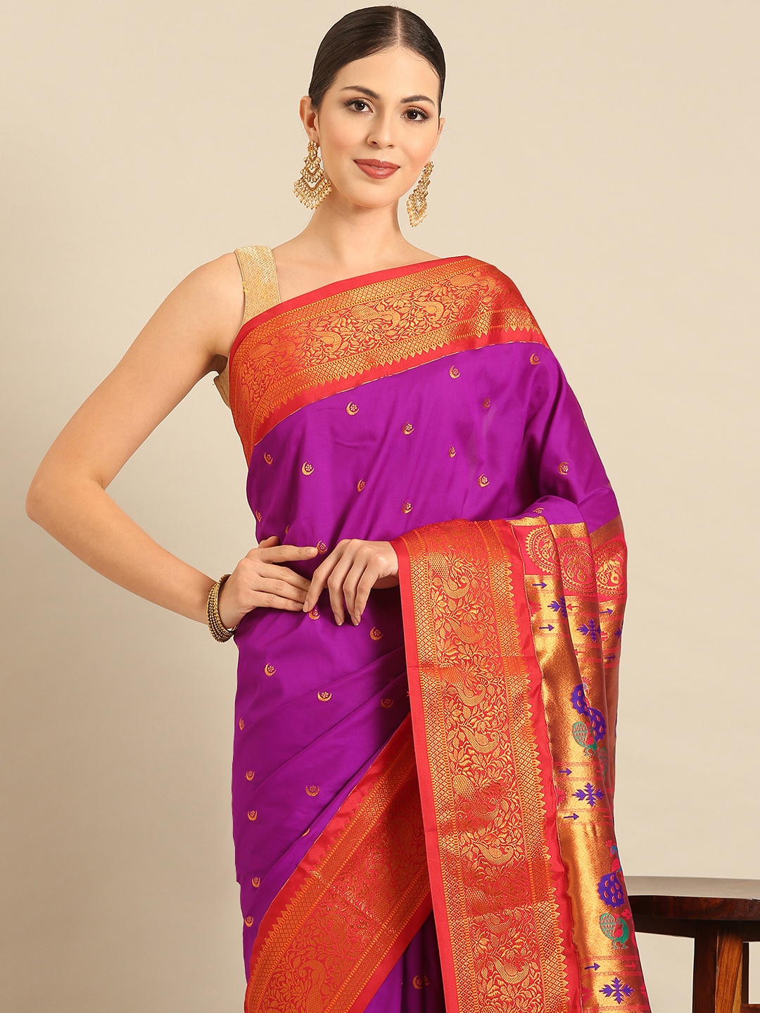 

Varkala Silk Sarees Ethnic Motifs Zari Paithani Saree, Purple